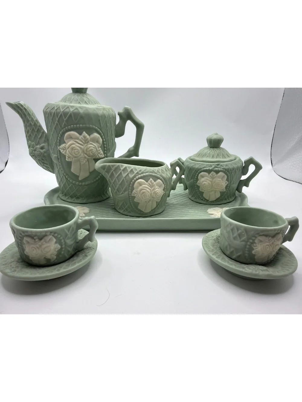 Vintage Green Ceramic Tea Set with Floral Embossed Design